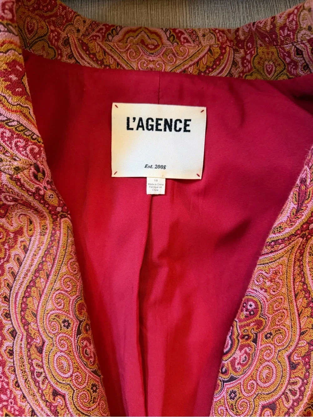 L'AGENCE Coral Paisley Double-Breasted Cropped Blazer
